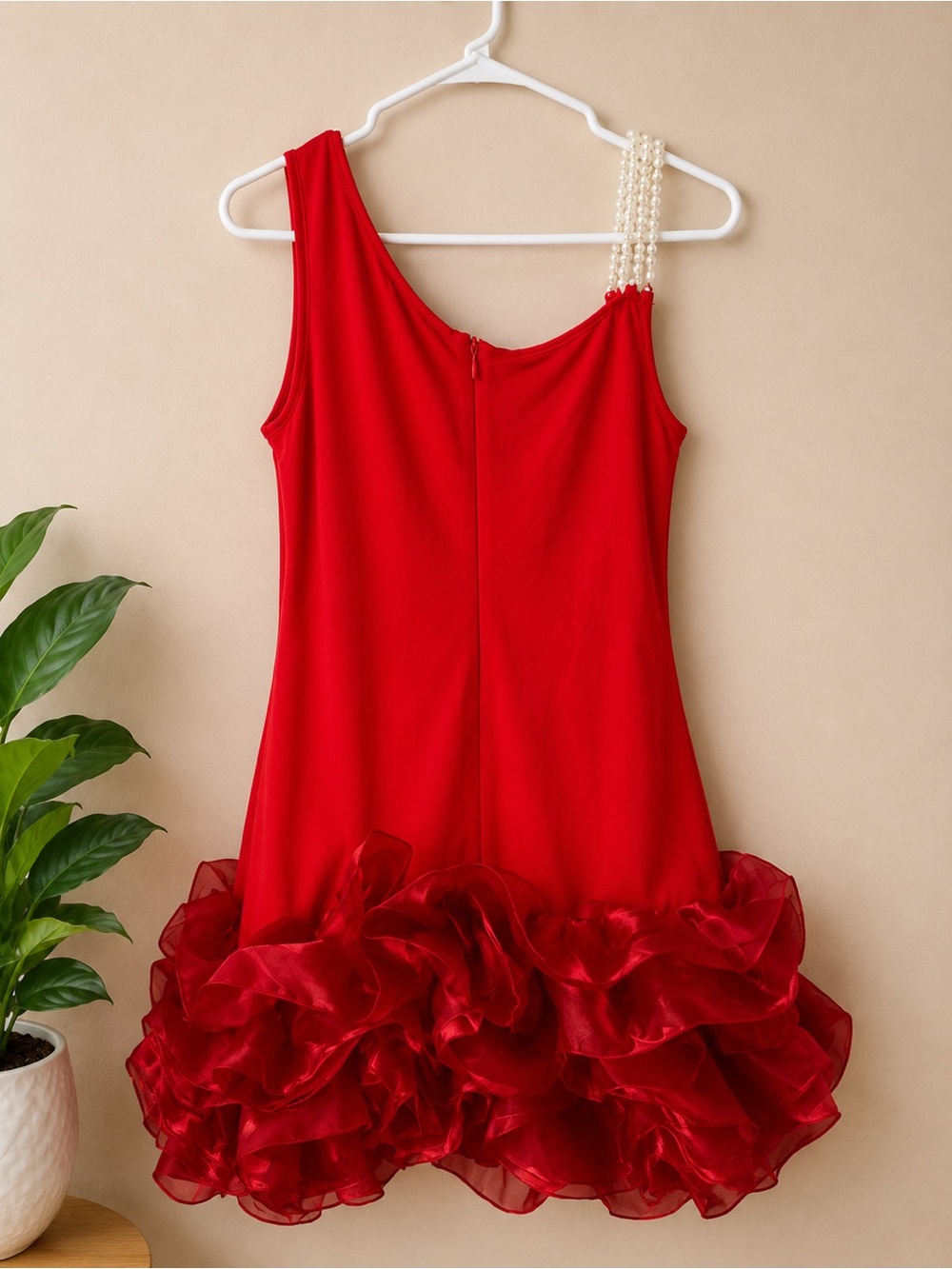 Red One-Shoulder Ruffle Hem Party Dress - Picture 3 of 6